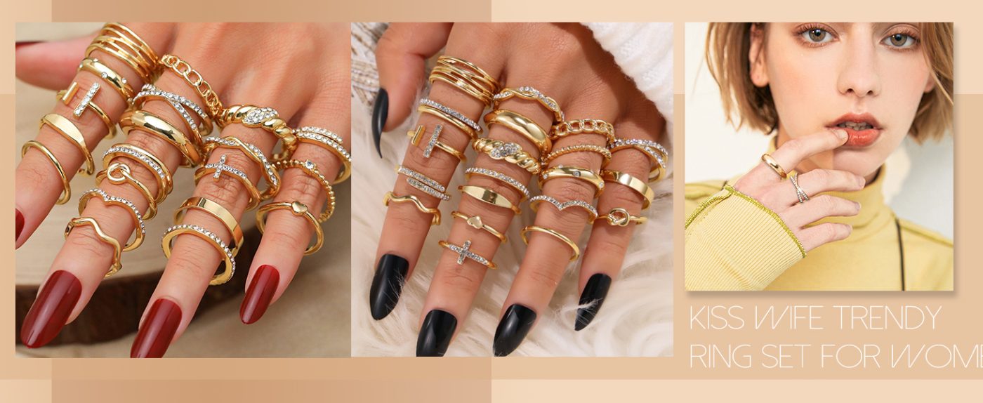 KISS WIFE Gold Silver Black Kunckle Rings Set for Women, Dainty Simple Trendy Cute Stackable Finger Rings Pack, Perfect for Stacking Layering on Thumb and Knuckle, Mixed Size, Jewelry Gift