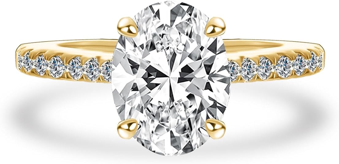 2.0CT Oval Cut Moissanite Engagement Ring, Lab Created D Color VVS1 Clarity Stone, 14K Yellow Gold Plated Sterling Silver Solitaire Ring with Side Accents