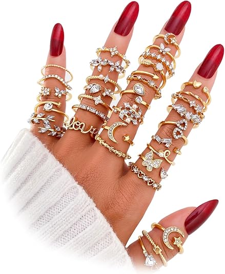 Golden Knuckle Stacking Rings Set for Women, Boho Dainty Sparkle Crystal Rhinestone Moon Star Rings Sets, Vintage Joint Rings Pack Jewelry Gift for Her