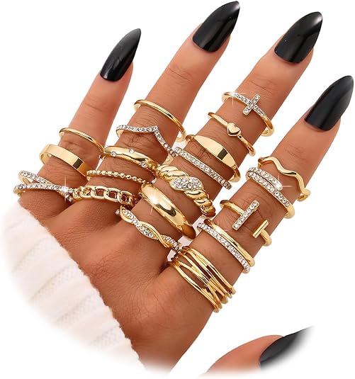KISS WIFE Golden Silvery Black Kunckle Rings Set for Women, Dainty Simple Trendy Cute Stackable Finger Rings Pack, Perfect for Stacking Layering on Thumb and Knuckle, Mixed Size, Jewelry Gift