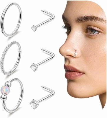 Masedy 6PCS 18G 20G Surgical Steel Nose Ring for Women Men Clicker Hoop Nose Rings CZ L Shaped Nose Stud Hinged Septum Nose Hoop Cartilage Conch Rook Ring Lip Tragus Piercing Jewelry 7-9MM