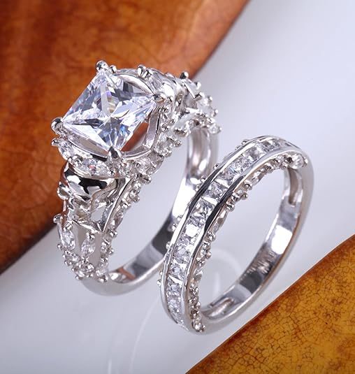 Jeulia Skull Engagement Ring Sets Sterling Silver Promise Eternity Band Rings Diamond Princess Cut with Cubic Zirconia Wedding Engagement Anniversary Promise Rings Bridal Sets