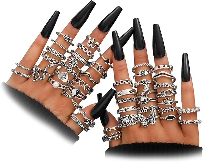 YEEZII 68 Pcs Gold Knuckle Rings Set for Women, Stackable Boho Joint Finger Midi Rings Silver Hollow Carved Crystal Stacking Ring Pack for Gift
