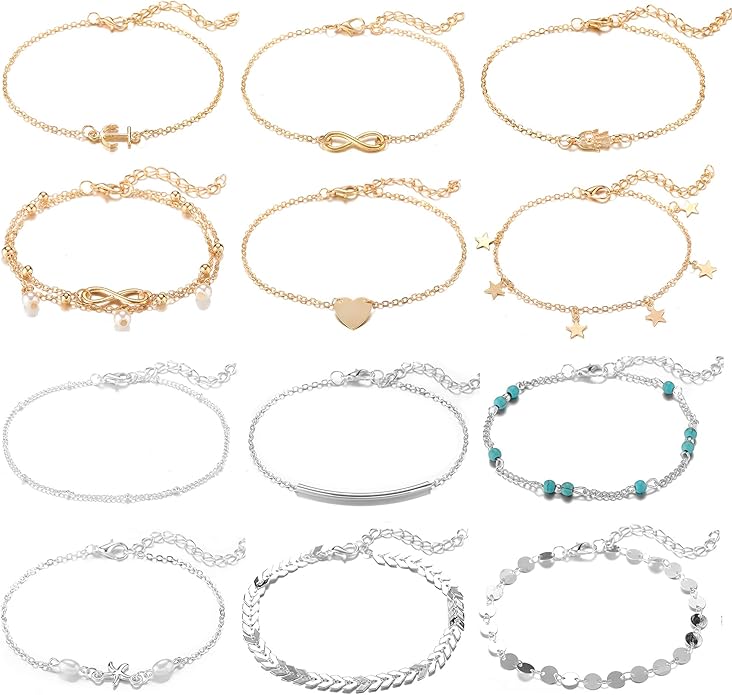 Softones 12Pcs Ankle Bracelets for Women Gold Silver Two Style Chain Beach Anklet Bracelet Jewelry Anklet Set,Adjustable Size