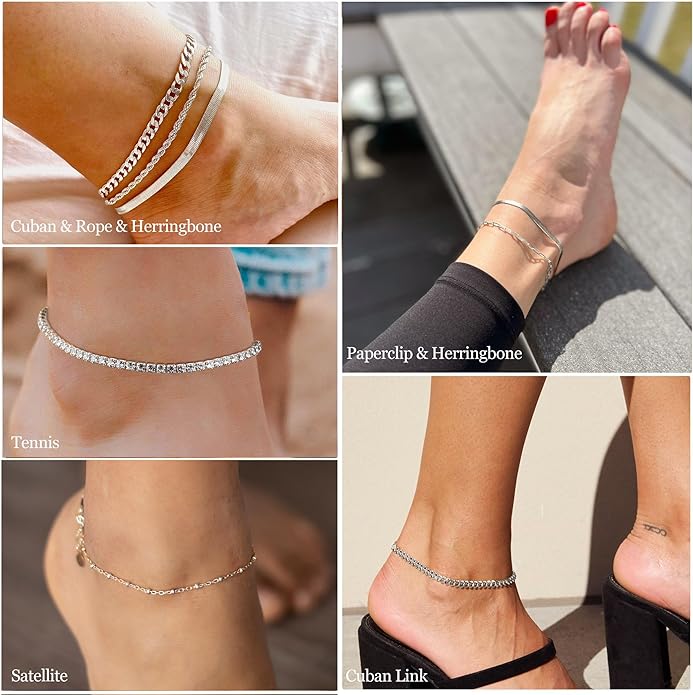 DEARMAY Dainty Silver Plated Ankle Bracelets for Women Waterproof, Silver Anklets Jewelry Layered Cuban Chain Herringbone Cute Anklets Set Pack Summer Beach Gift for Women Teen